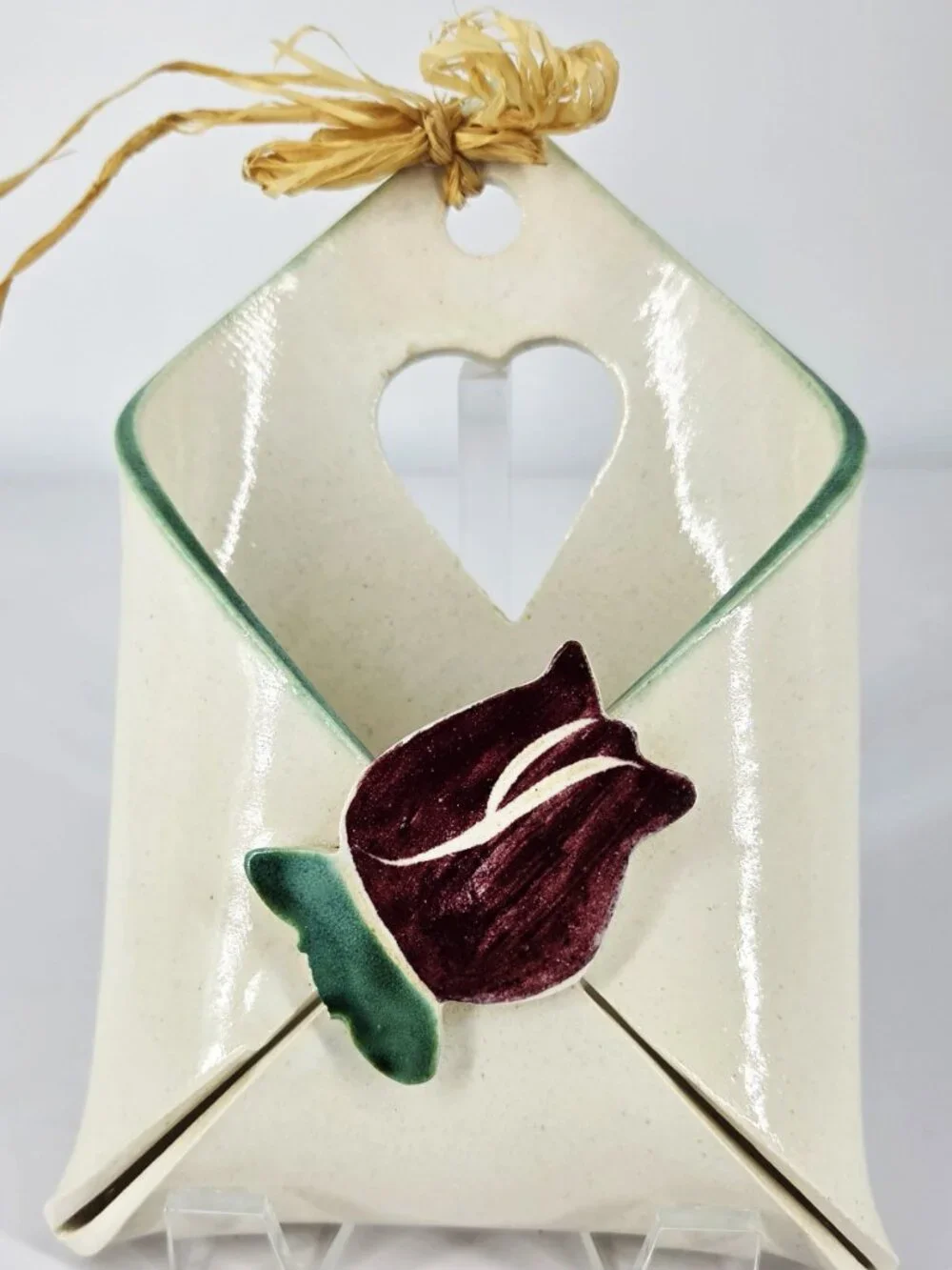Handmade Paula Johansson Ceramics Envelope Style Wall Pocket Hand Painted Tulip